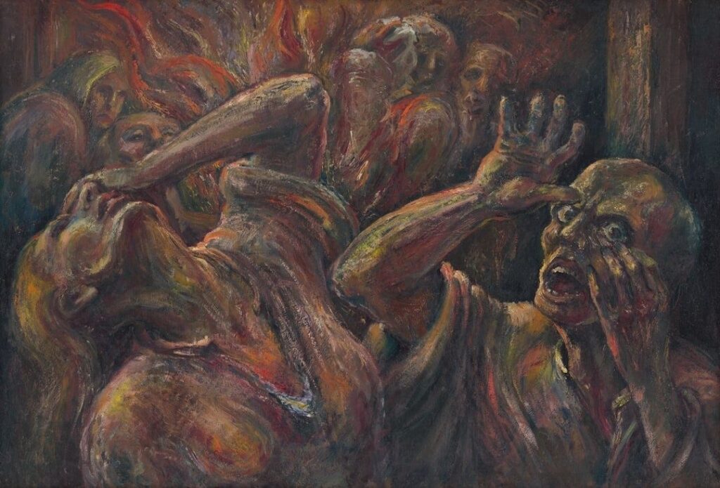 Distorted figures with elongated limbs crowd a dark, expressive painting